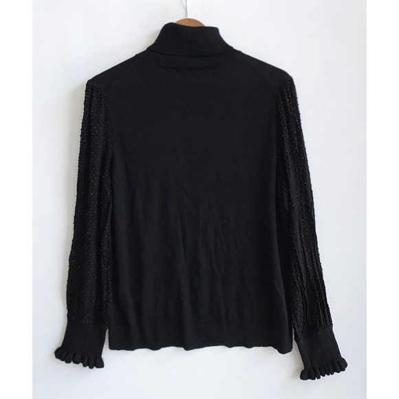 LOFT Black Turtleneck Knit Sweater Chiffon Textured Balloon Sleeve Ruffle Cuff L - Picture 3 of 4